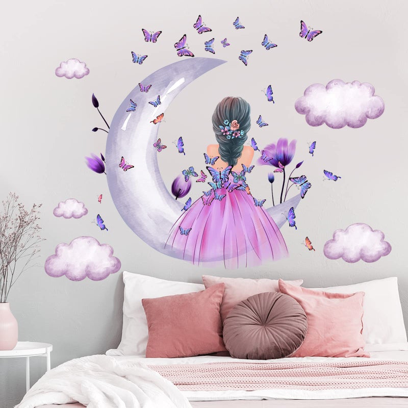 Aurbhosa Baby Girl Wall Decals Purple Flower Butterfly Wall Sticker Moon Cloud Wall Decal Colorful Butterflies Wall Stickers Princess Room Decor for Girls Nursery Bedroom Playroom - Image 3